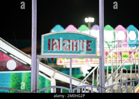In Gate Sign board for entrance for rides in indian fair, Amusement park in gate, entrance gate sign board, signage board for people Stock Photo