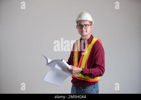 portrait engineering holding the blueprint Stock Photo