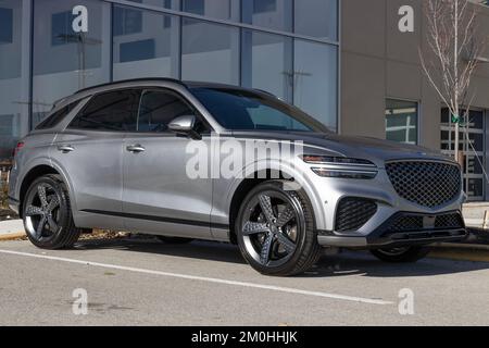 Indianapolis - Circa December 2022: Genesis Hyundai GV70 Luxury SUV display. Genesis offers the GV70 in 2.5T and 3.5T Sport models. Stock Photo