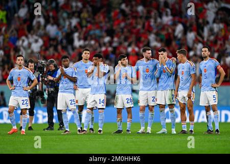 AL RAYYAN, QATAR - DECEMBER 6: Pablo Sarabia of Spain, Ansu Fati of Spain, Rodri of Spain, Alejandro Balde of Spain, Pedri Gonzalez of Spain, Aymeric Laporte of Spain, Alvaro Morata of Spain, Marcos Llorente of Spain and Sergio Busquets of Spain during the Round of 16 - FIFA World Cup Qatar 2022 match between Morocco and Spain at the Education City Stadium on December 6, 2022 in Al Rayyan, Qatar (Photo by Pablo Morano/BSR Agency) Stock Photo