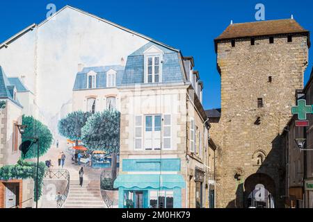 France, Creuse, La Souterraine, stage on the Via Lemovicensis or Vezelay Way, one of the main ways to Santiago de Compostela, Saint-Jean Gate, remnant of medieval fortifications and trompe-l'oeil fresco by H?l?ne Goydadin Stock Photo