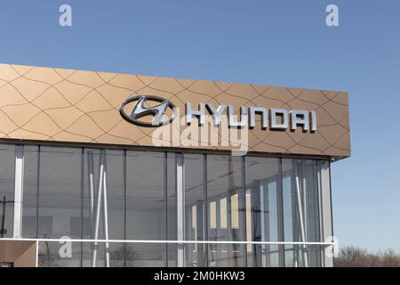 Indianapolis - Circa December 2022: Hyundai Motor Company dealership. Hyundai builds vehicles in South Korea and Montgomery, Alabama. Stock Photo