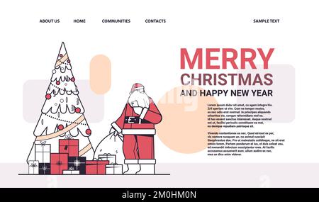 santa claus with gift box sack using smartphone happy new year merry christmas holiday celebration gift card horizontal Stock Vector