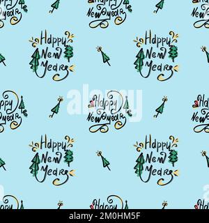 New Year's holiday. Seamless illustration with calligraphic black letters and colored elements. Textile, wrapping paper or background. Vector Stock Vector