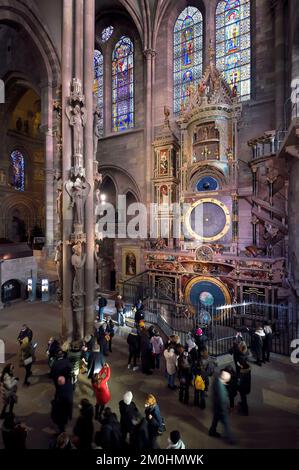 France, Bas Rhin, Strasbourg, old town listed as World Heritage by UNESCO, Notre Dame Cathedral, south transept, the pillar of Angels built around 1230 and the astronomical clock Stock Photo