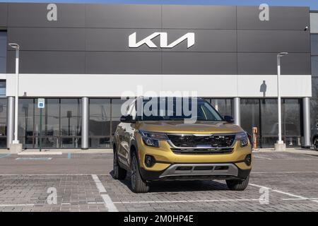 Indianapolis - Circa December 2022: Kia Seltos display at a dealership. Kia offers the Seltos in LX, S, EX, Nightfall and SX models. Stock Photo