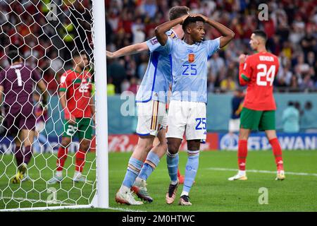 AL RAYYAN, QATAR - DECEMBER 6: Ansu Fati of Spain looks dejected during the Round of 16 - FIFA World Cup Qatar 2022 match between Morocco and Spain at the Education City Stadium on December 6, 2022 in Al Rayyan, Qatar (Photo by Pablo Morano/BSR Agency) Stock Photo