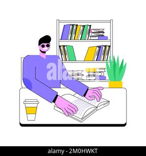 Library facilities isolated cartoon vector illustrations. Blind boy reading book in library, disability people educational process, preparing for college classes, student life vector cartoon. Stock Vector