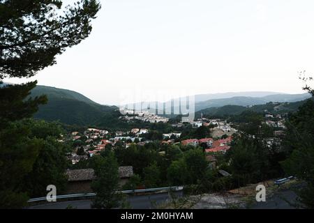 View of Nocera Umbra in evening,  town and comune in the province of Perugia, Italy. Stock Photo