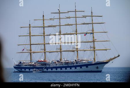 The Royal Clipper tall ship seen off the Amalfi Coast close to Positano Italy. Stock Photo