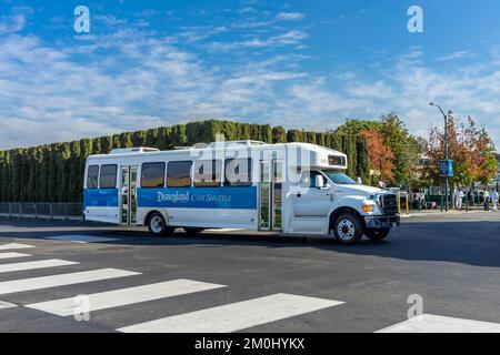 Anaheim, CA, USA – November 1, 2022: A Ford F650 truck bus used as a Disneyland Cast Shuttle in the bus terminal in Anaheim, California. Stock Photo