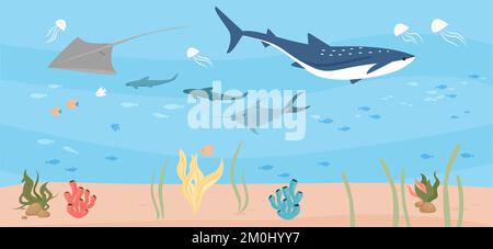 Ocean underwater world with coral, reef, and fish vector illustration. Under the sea background, marine underwater life landscape Stock Vector