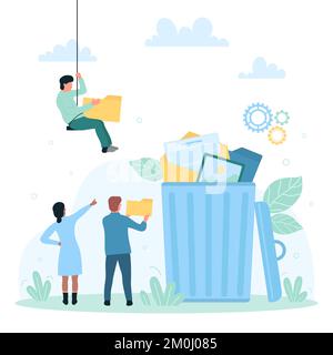 Data storage and management vector illustration. Cartoon tiny people delete files, emails and documents from computer, characters throw archives to trash bin full of paperwork and information Stock Vector