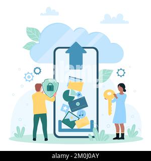 Data files upload to cloud storage vector illustration. Cartoon tiny people uploading video and pictures, documents and folders to server, using cloud service for backup system and transfer library Stock Vector