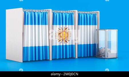 Voting booths with Argentinean flag and ballot box. Election in Argentina, concept. 3D rendering isolated on blue background Stock Photo