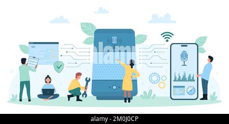 Voice assistant, electronic automation service vector illustration. Cartoon tiny people control smart virtual voice assistant by commands, using speakers, microphone app in phone and laptop software Stock Vector