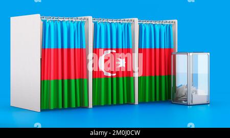 Voting booths with Azerbaijani flag and ballot box. Election in Azerbaijan, concept. 3D rendering isolated on blue background Stock Photo