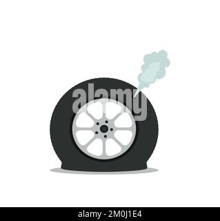 Deflated automobile tire. Punctured wheel of car. Element of Tire service station. Cartoon flat illustration. Comic air and smoke. Accident and repair Stock Vector
