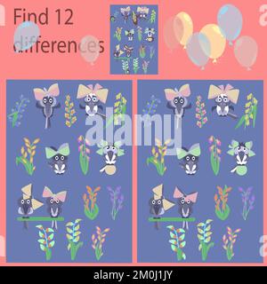 find 12 differences in the rebus for children up to 7 years old Birds and flowers Stock Vector