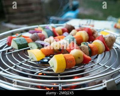 Skewers with mixed vegetables (zucchini, potato, carrot, bell pepper, mushroom) cooking on a charcoal grill