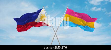 two crossed flags Pansexuality Pride and Poland waving in wind at ...