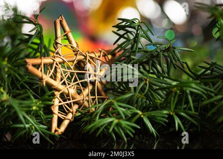 Festive winter holiday star decoration and the Christmas tree with shiny fairy lights in the background Stock Photo