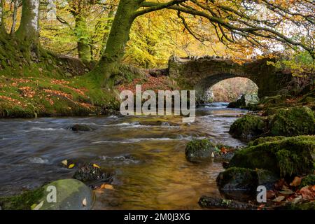 The Weir Water river flowing under Robbers Bridge in Exmoor National Park in autumn Stock Photo