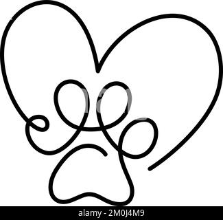 Heart with cat or dog paw cat footprint in continuous one line drawing logo. Minimal line art. Animal in heart. Pet love concept Stock Vector