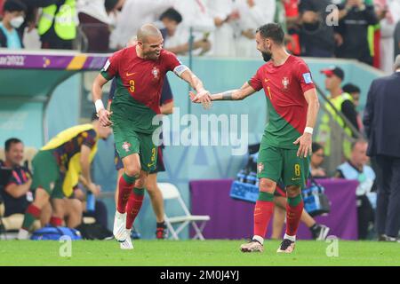 Lusail, Qatar. 06th Dec, 2022. Kepler Pepe of Portugal scores from a header and celebrates with Bruno Fernandes of Portugal during the FIFA World Cup Qatar 2022 round of 16 match between Portugal and Switzerland at Lusail Stadium, Lusail, Qatar on 6 December 2022. Photo by Peter Dovgan. Editorial use only, license required for commercial use. No use in betting, games or a single club/league/player publications. Credit: UK Sports Pics Ltd/Alamy Live News Stock Photo
