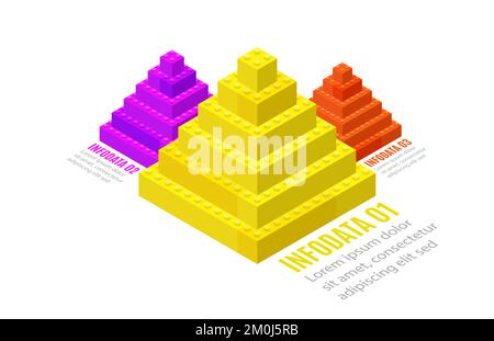 Infographic template of pyramids assembled from plastic blocks in isometric style for printing and design. Vector illustration. Stock Vector