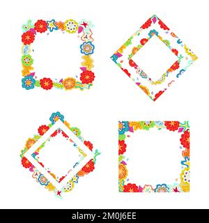 Set of four multicolour rectangular doodle frames made of flower Stock Vector