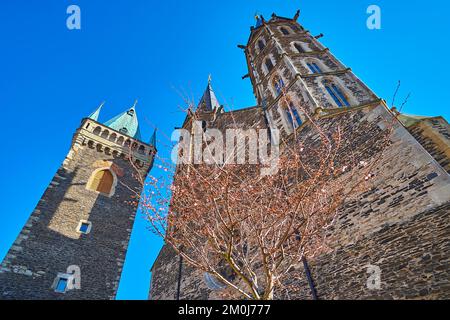 The young blooming cherry tree in front of historic Gothic St Bartholomew Parish Church and its bell tower, Kolin, Czech Republic Stock Photo