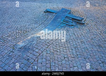 The Cross on the floor of Wenceslas Square is a  Memorial to Memorial to Jan Palach and Jan Zajic, Prague, Czech Republic Stock Photo