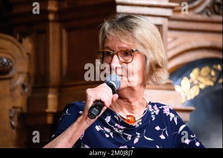 Hamburg, Germany. 06th Dec, 2022. Author Kirsten Boie on stage in the Great Festival Hall. At the invitation of the Übersee-Club, four honorary citizens of the city come together for a discussion about the future of Hamburg. Credit: Jonas Walzberg/dpa/Alamy Live News Stock Photo