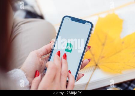 Portland, OR, USA - Feb 8, 2022: Microsoft 365 apps are seen on an iPhone 11 - Office, Word, Excel, PowerPoint, Outlook, OneNote, Visio Viewer, Power Apps, Teams, SharePoint, Yammer, Power BI, etc. High quality photo Stock Photo