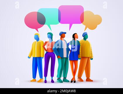 Social Network Template. Group of Young People Characters Chatting and speaking. Virtual Communication Concept. Vector illustration Stock Vector