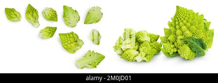 Romanesco broccoli cabbage or Roman Cauliflower isolated on white background . Top view with copy space for your text. Flat lay. Stock Photo