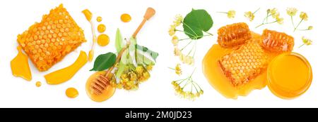 Honeycombs and honey puddle with stick and Linden flowers isolated on white background. Top view. Flat lay Stock Photo