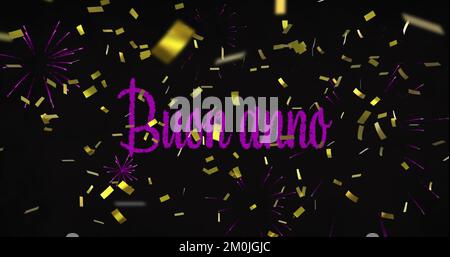 Image of buon anno text in pink with pink new year fireworks exploding in night sky. new year, celebration, party and tradition concept digitally gene Stock Photo