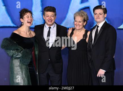 December 6th, 2022, London, UK. Lorraine Ashbourne, Andy Serkis, Ruby Ashbourne Serkis and Louis Ashbourne Serkis arriving at the Avatar, Way of Water World Premiere, Odeon Luxe, Leicester Square, London. Credit: Doug Peters/EMPICS/Alamy Live News Stock Photo