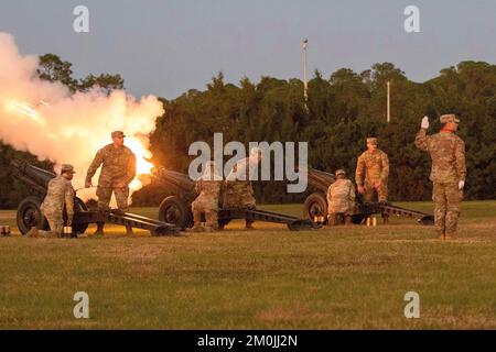 Fort Stewart, Georgia, USA. 29th Nov, 2022. Soldiers from 1st Armored Brigade Combat Team, 3rd Infantry Division, fire a cannon during the Twilight Tattoo Ceremony on Fort Stewart, Georgia, November. 29, 2022. The Twilight Tattoo Ceremony is a way for 3rd ID to exemplify Marne pride and bestow credit and recognition upon the Division and surrounding community. Credit: U.S. Army/ZUMA Press Wire Service/ZUMAPRESS.com/Alamy Live News Stock Photo