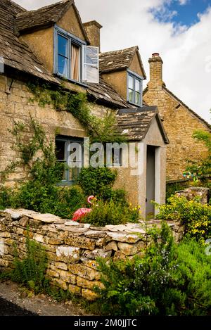 English slate stone roof and limestone cottages in Guiting Power, Cotswold District, England. Stock Photo