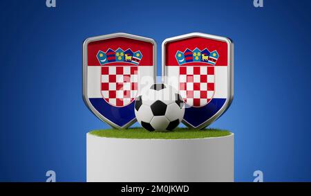 Croatia flag soccer shield with football ball on a grass podium. 3D Rendering Stock Photo