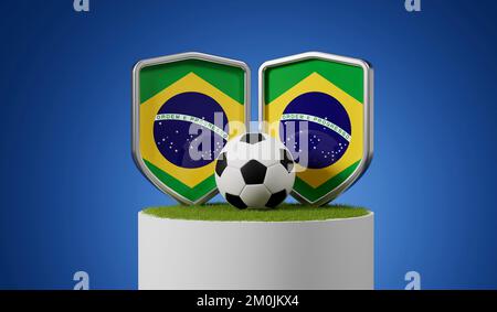 Brazil flag soccer shield with football ball on a grass podium. 3D Rendering Stock Photo