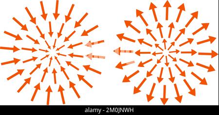 Red concentric arrows pointing inside and outside. Epicenter, target, radar concept. Inward arrows. Stock Vector