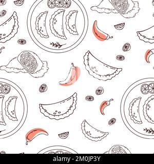 Seamless pattern with Mexican Empanadas with chili peppers and lime slices on white background. Vector illustration latin american food in linear dood Stock Vector