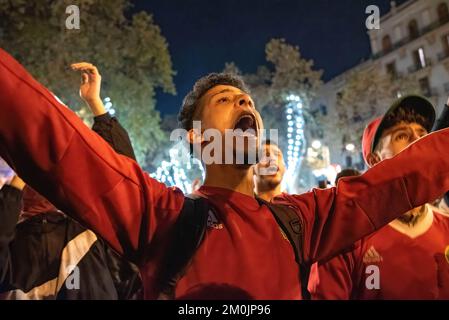 Barcelona, Spain. 06th Dec, 2022. A Moroccan cheers on Barcelona's Las Ramblas during the community's celebrations after Spain's elimination from the football World Cup on penalties. (Photo by Ximena Borrazas/SOPA Images/Sipa USA) Credit: Sipa USA/Alamy Live News Stock Photo