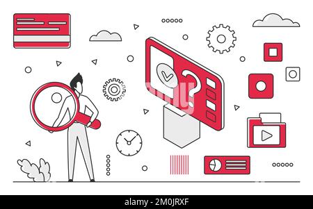 Search business solution. Performance analysis, problem solving strategy vector monocolor illustration Stock Vector
