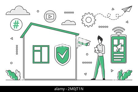 Home security system. Video house control, alarm system technology vector monocolor illustration Stock Vector