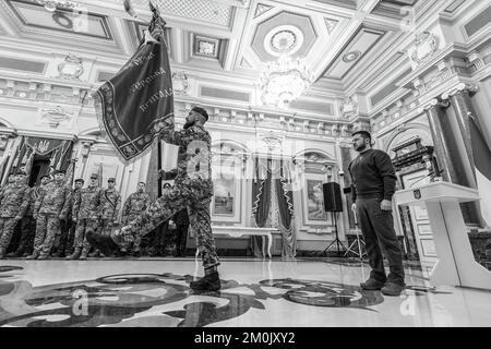 On the occasion of the Day of the Armed Forces of Ukraine, President Volodymyr Zelenskyy presented high state awards to servicemen, battle flags to commanders of military units, honorary titles and ribbons of the Presidential honorary award 'For Courage and Bravery'.  The solemn ceremony took place in the Mariyinsky Palace in the capital.The President noted that thousands of Ukrainians gave their lives for the day to come when not a single occupier remains on our land and all our people are free again.  The attendees honored with a moment of silence the memory of everyone who died. Stock Photo